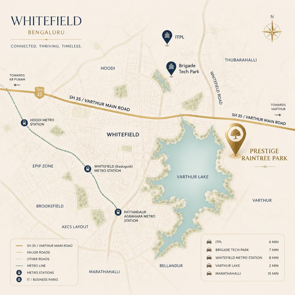 Location map of Prestige Raintree Park, Whitefield — Varthur Main Road opposite Varthur Lake